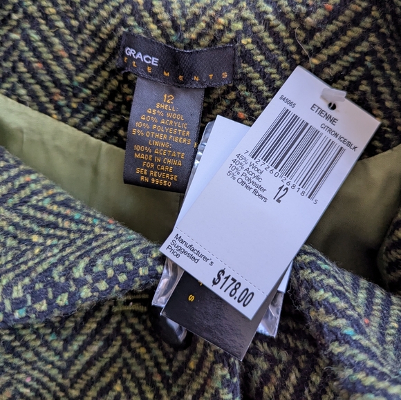 NWT Grace Elements Women's Green Herringbone Tweed Wool-blend coat Size 12 - Picture 7 of 16